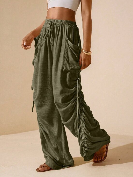 Pants - Olive Green Casual Women's Side Ruched Drawstring Pocket Pants